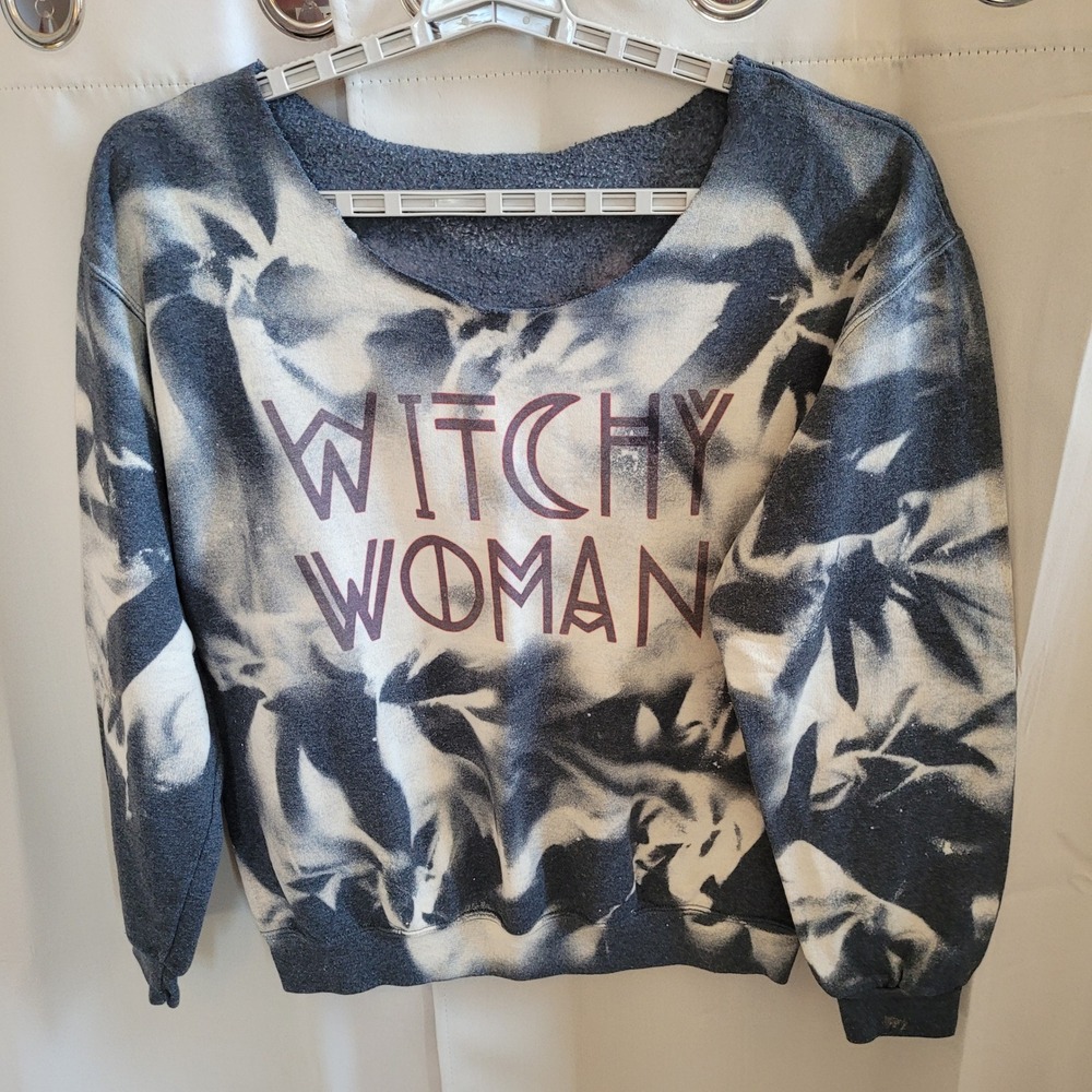 Witchy Woman Womens Sweatshirt XL Bleach Dye Graphic DIY Neck Goth Moon 21731